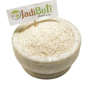 Natural Isabgol Bhusi pale psyllium husk flakes in a stone bowl — Jadibuti Store