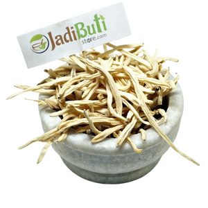 Natural dried Safed Musli root pieces in a stone bowl — Jadibuti Store