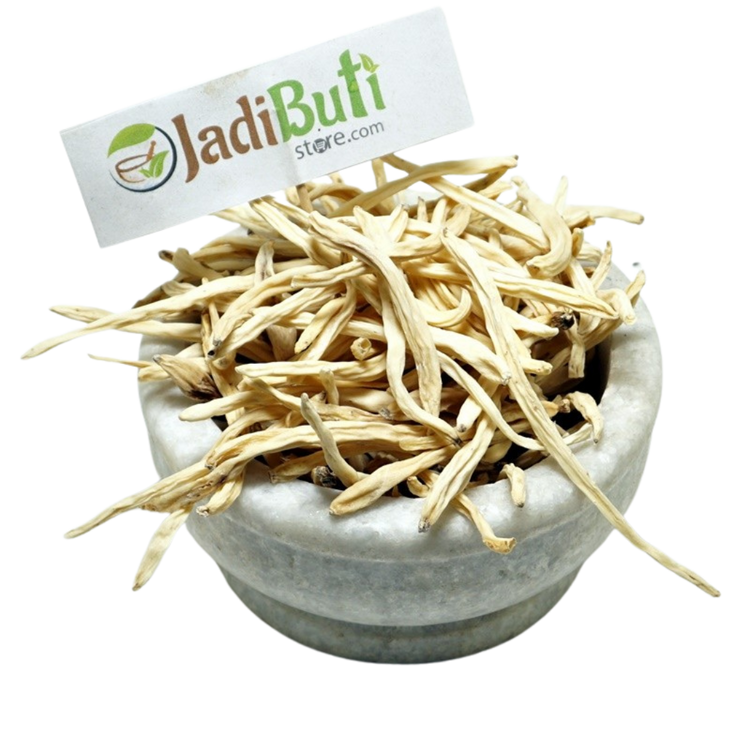 Natural dried Safed Musli root pieces in a stone bowl — Jadibuti Store
