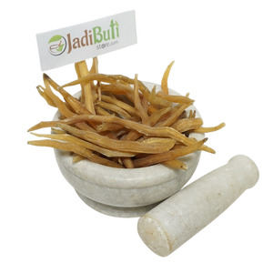 Shatavari dried roots in a mortar with pestle - Jadibuti Store