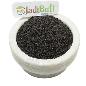 Mota Tukmaria Sabja dark seeds in a stone bowl — Jadibuti Store