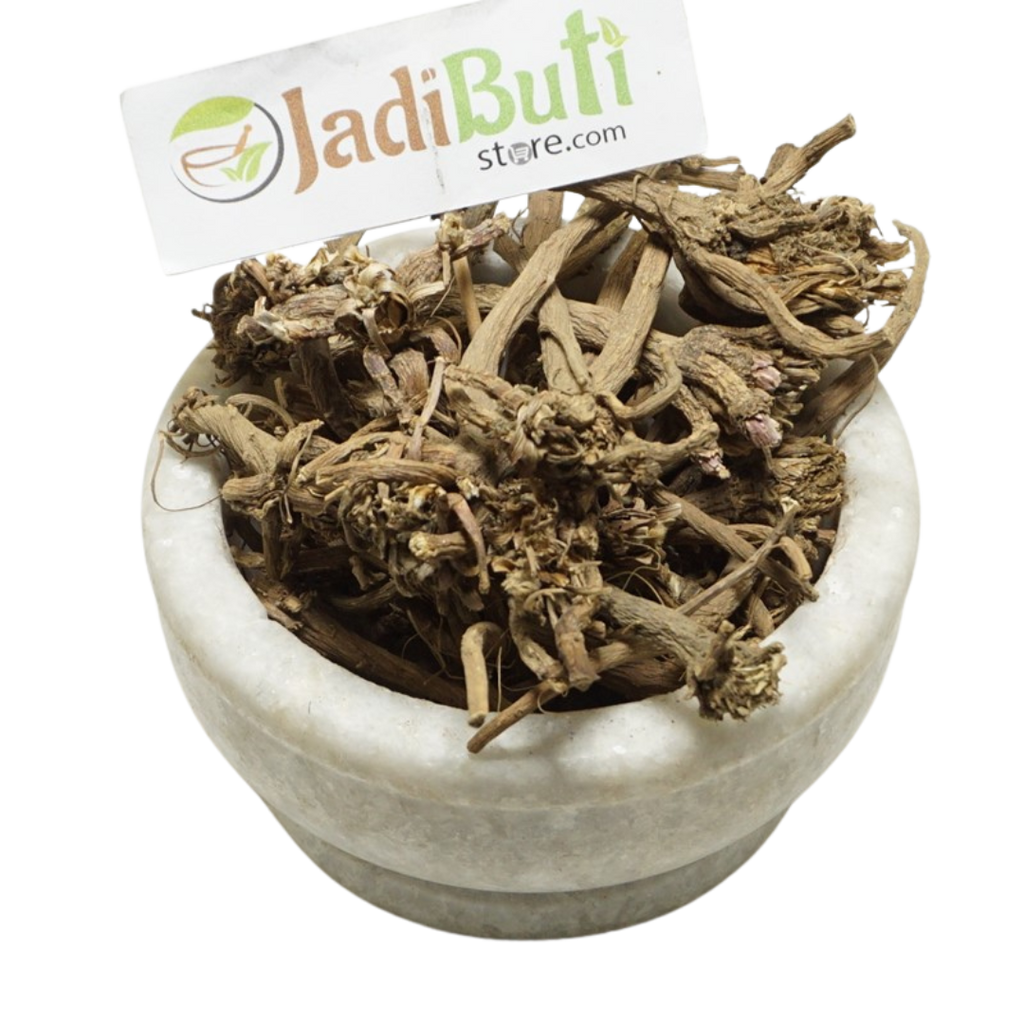 Akarkara mixed brown dried pieces with branch-like and flower-head-like structures in a stone bowl; identity pending — Jadibuti Store