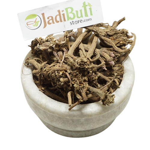 Akarkara mixed brown dried pieces with branch-like and flower-head-like structures in a stone bowl; identity pending — Jadibuti Store