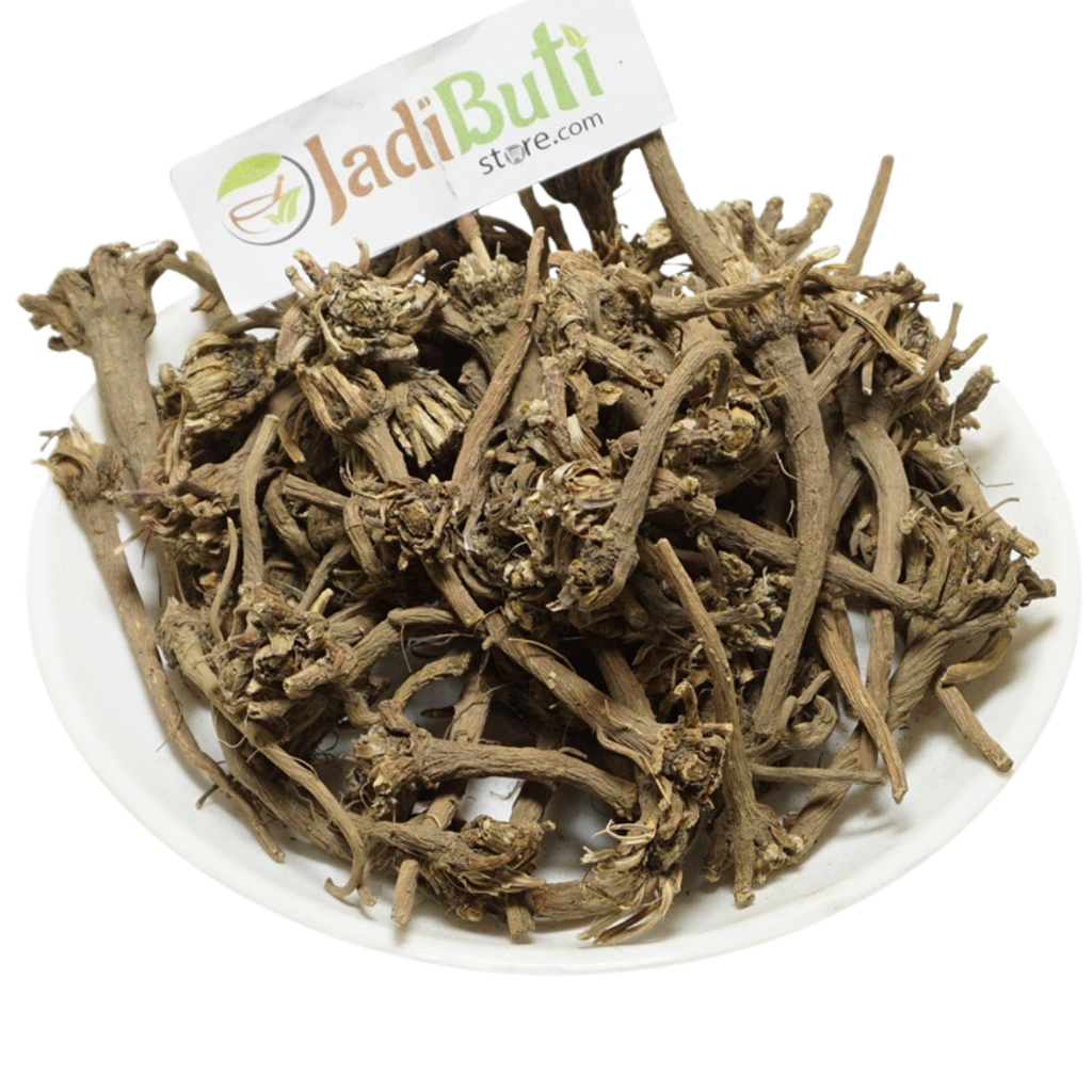 Akarkara mixed brown dried pieces with branch-like and flower-head-like structures on a white plate; identity pending — Jadibuti Store