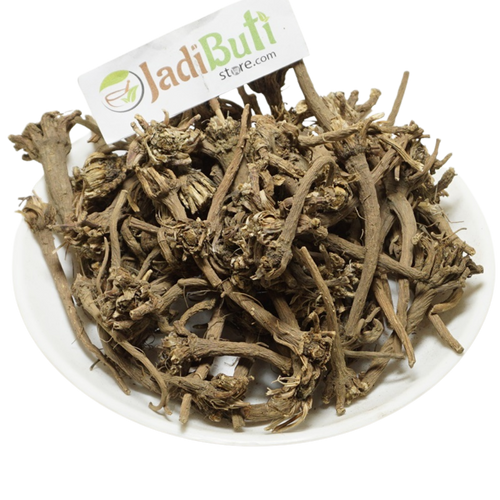 Akarkara mixed brown dried pieces with branch-like and flower-head-like structures on a white plate; identity pending — Jadibuti Store