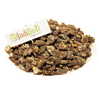 Dried Amla fruit pieces on a white plate with Jadibuti Store card