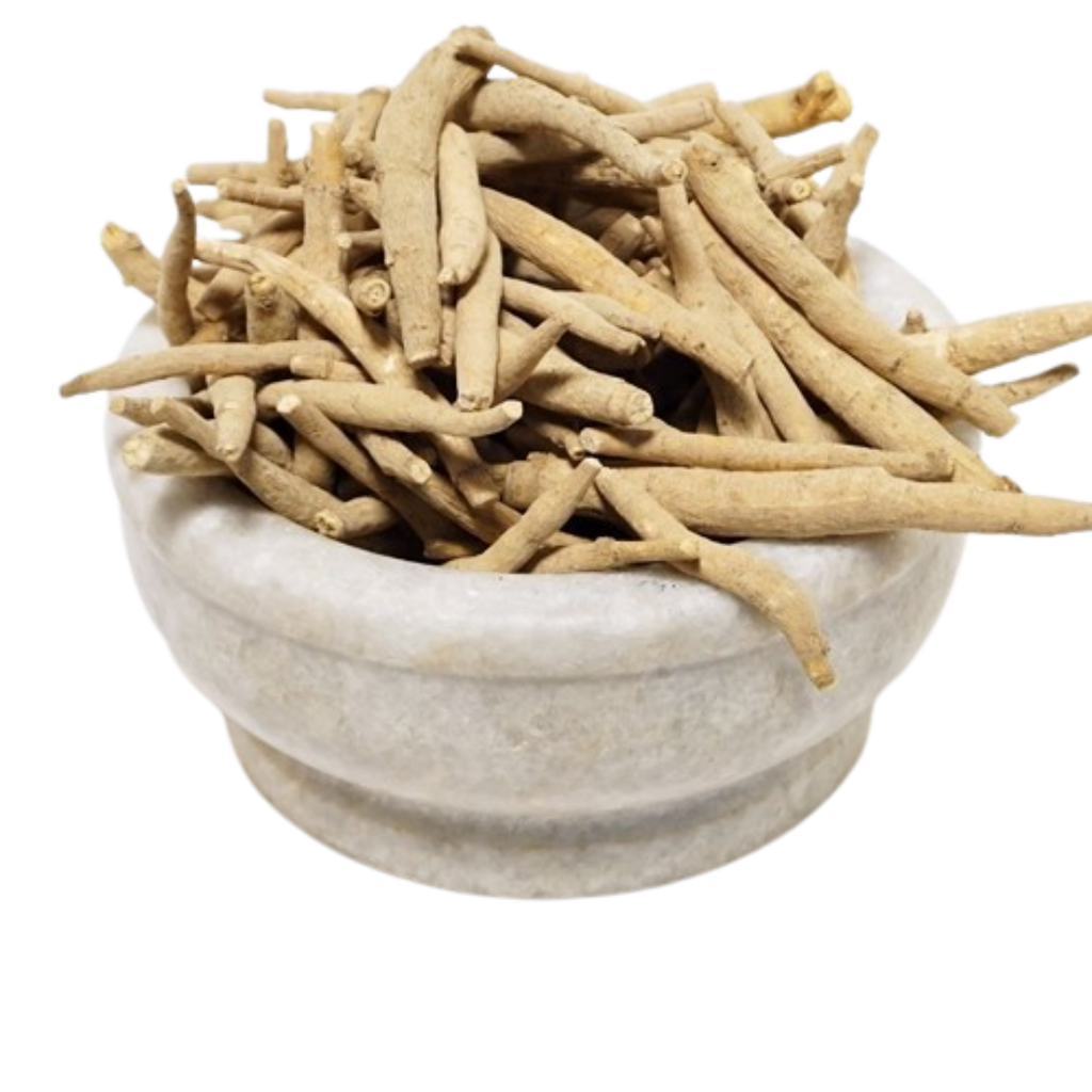 Ashwagandha dried roots in a stone bowl — Jadibuti Store