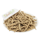 Ashwagandha dried roots on a white plate with Jadibuti Store sign