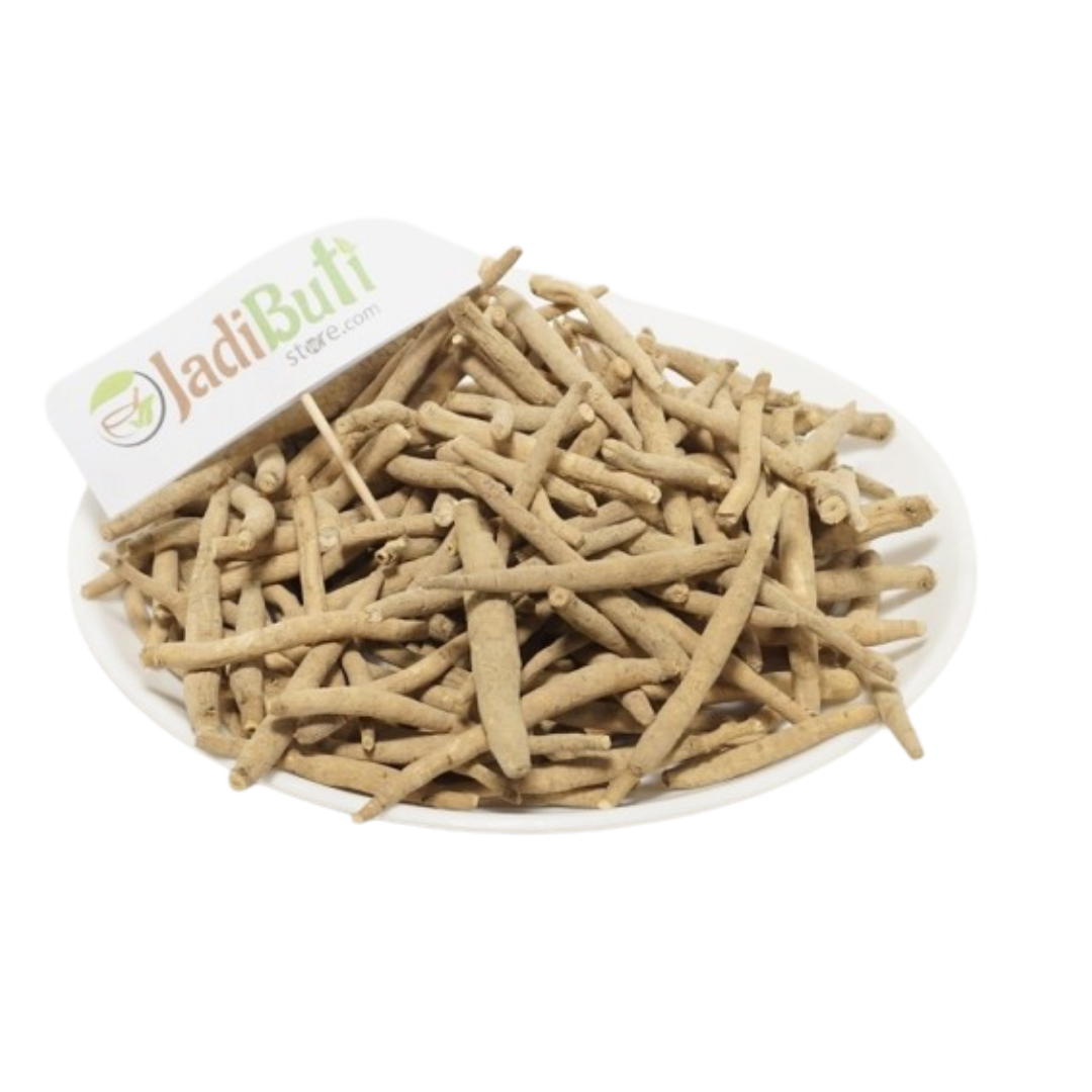 Ashwagandha dried roots on a white plate with Jadibuti Store sign