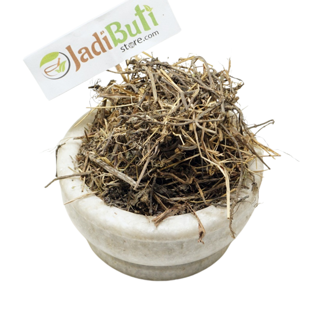 Dried Bhringraj whole-herb stems and plant pieces in a bowl with a Jadibuti Store card