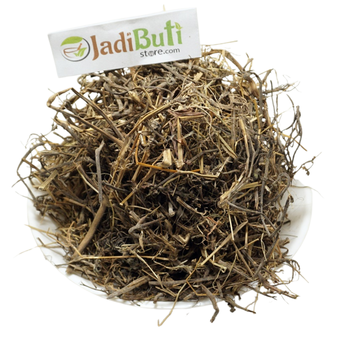 Dried Bhringraj whole-herb stems and plant pieces on a plate with a Jadibuti Store card