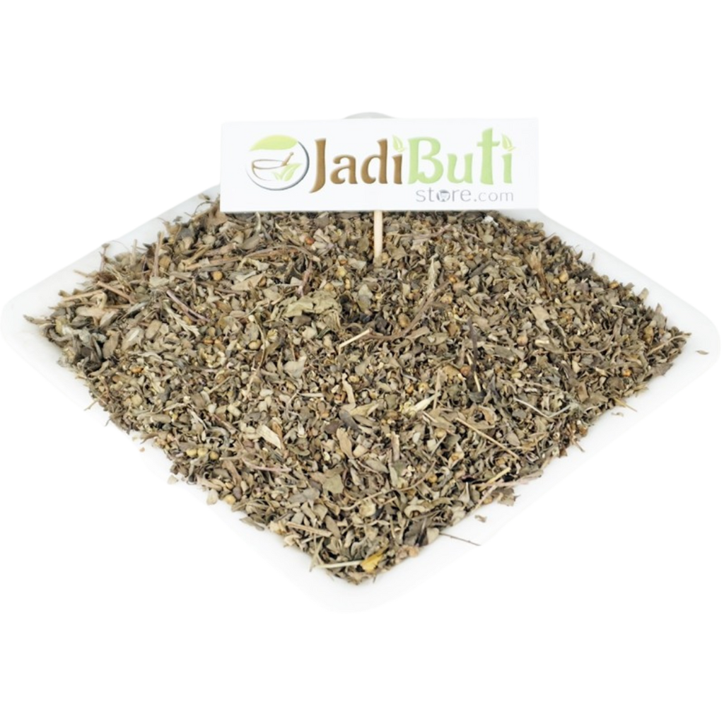 Bhui Amla dried chopped herb fragments on a white plate — Jadibuti Store