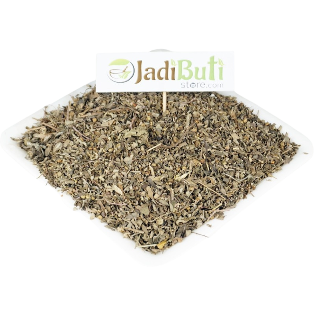 Bhui Amla dried chopped herb fragments on a white plate — Jadibuti Store