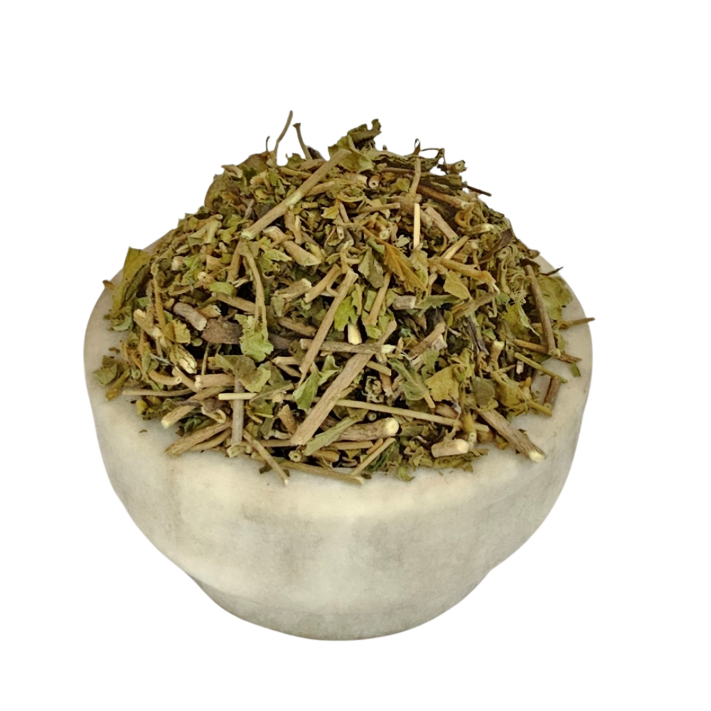 Gudmar listed leaf material with leaf fragments and tan stalk-like pieces in a stone bowl — Jadibuti Store