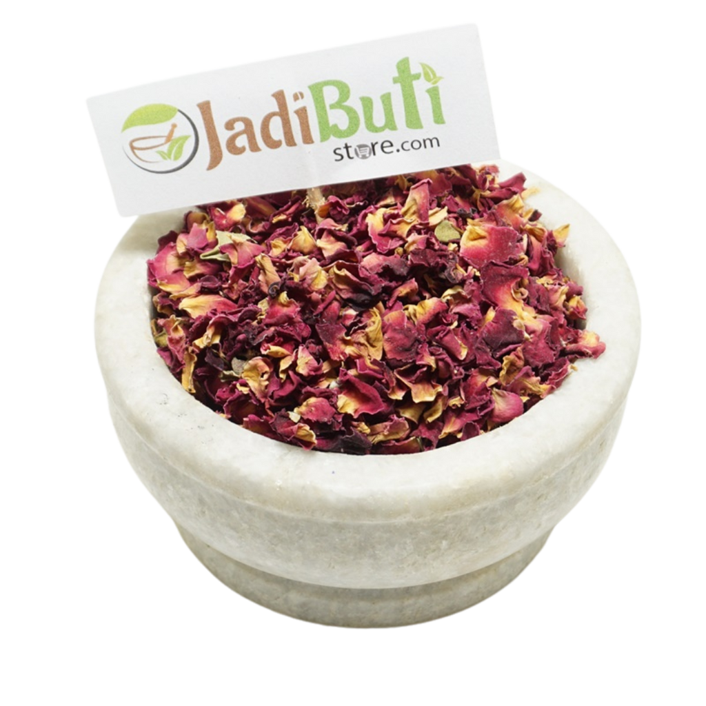 Gulab Patti pink-red dried rose petal pieces in a stone bowl — Jadibuti Store