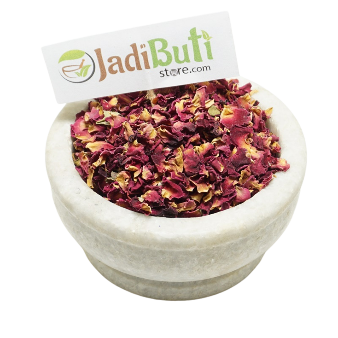 Gulab Patti pink-red dried rose petal pieces in a stone bowl — Jadibuti Store