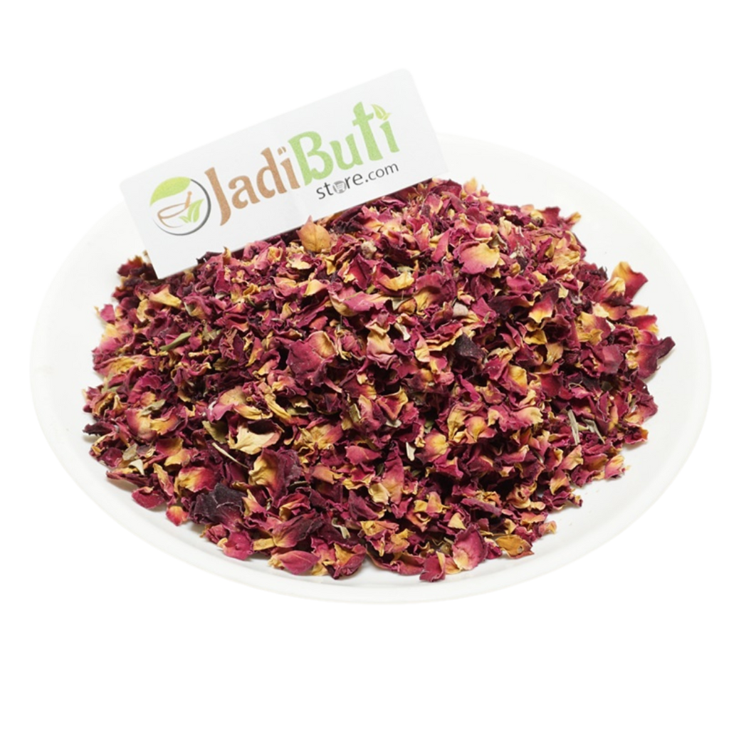 Gulab Patti dried rose petal pieces on a white plate — Jadibuti Store