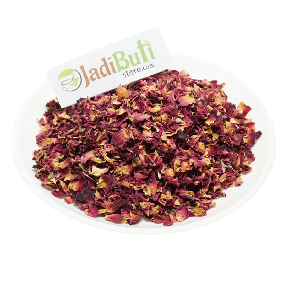 Gulab Patti dried rose petal pieces on a white plate — Jadibuti Store