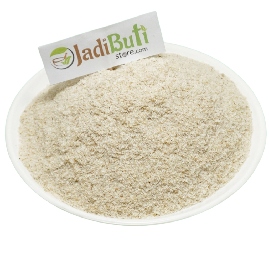 Natural Isabgol Bhusi pale psyllium husk flakes on a white plate — Jadibuti Store