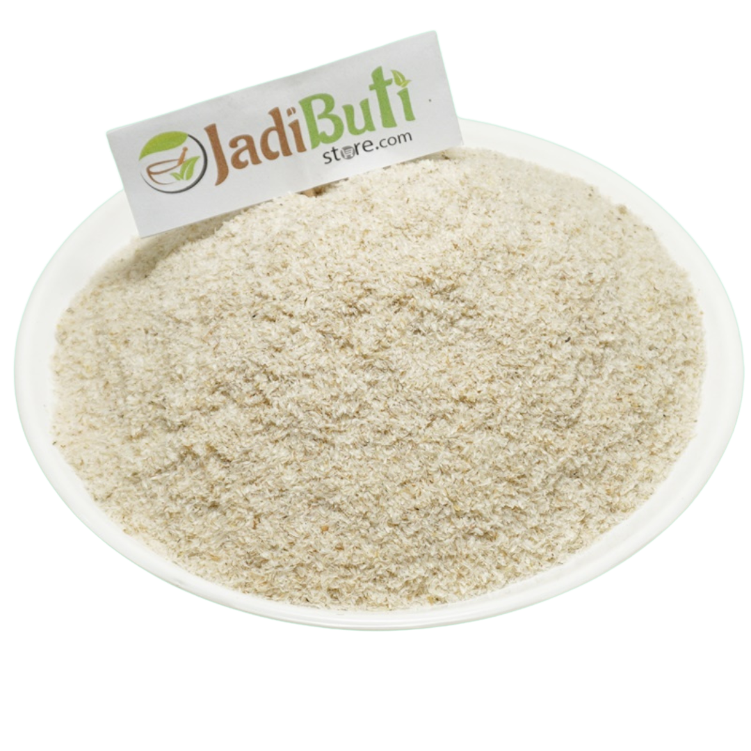 Natural Isabgol Bhusi pale psyllium husk flakes on a white plate — Jadibuti Store