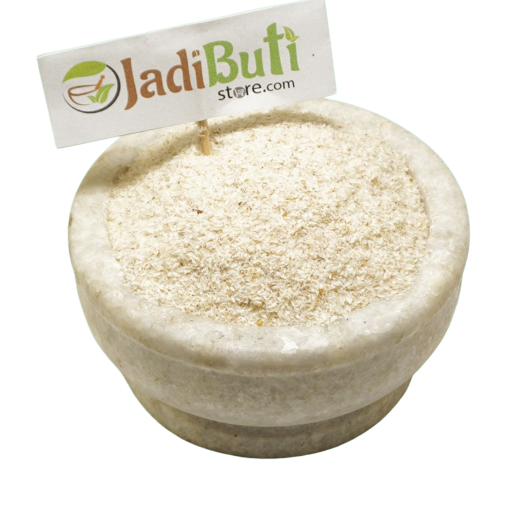 Natural Isabgol Bhusi pale psyllium husk flakes in a stone bowl — Jadibuti Store