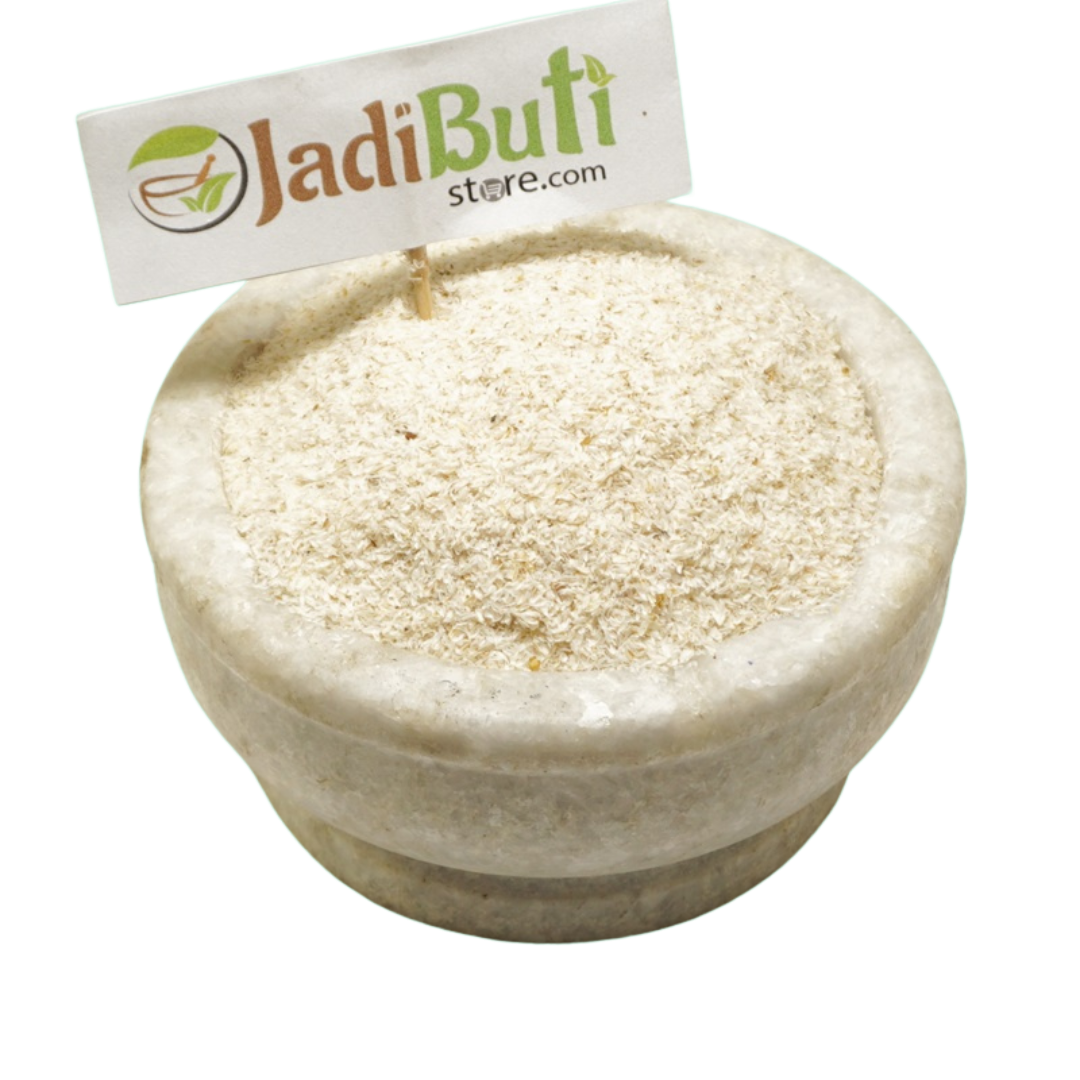 Natural Isabgol Bhusi pale psyllium husk flakes in a stone bowl — Jadibuti Store