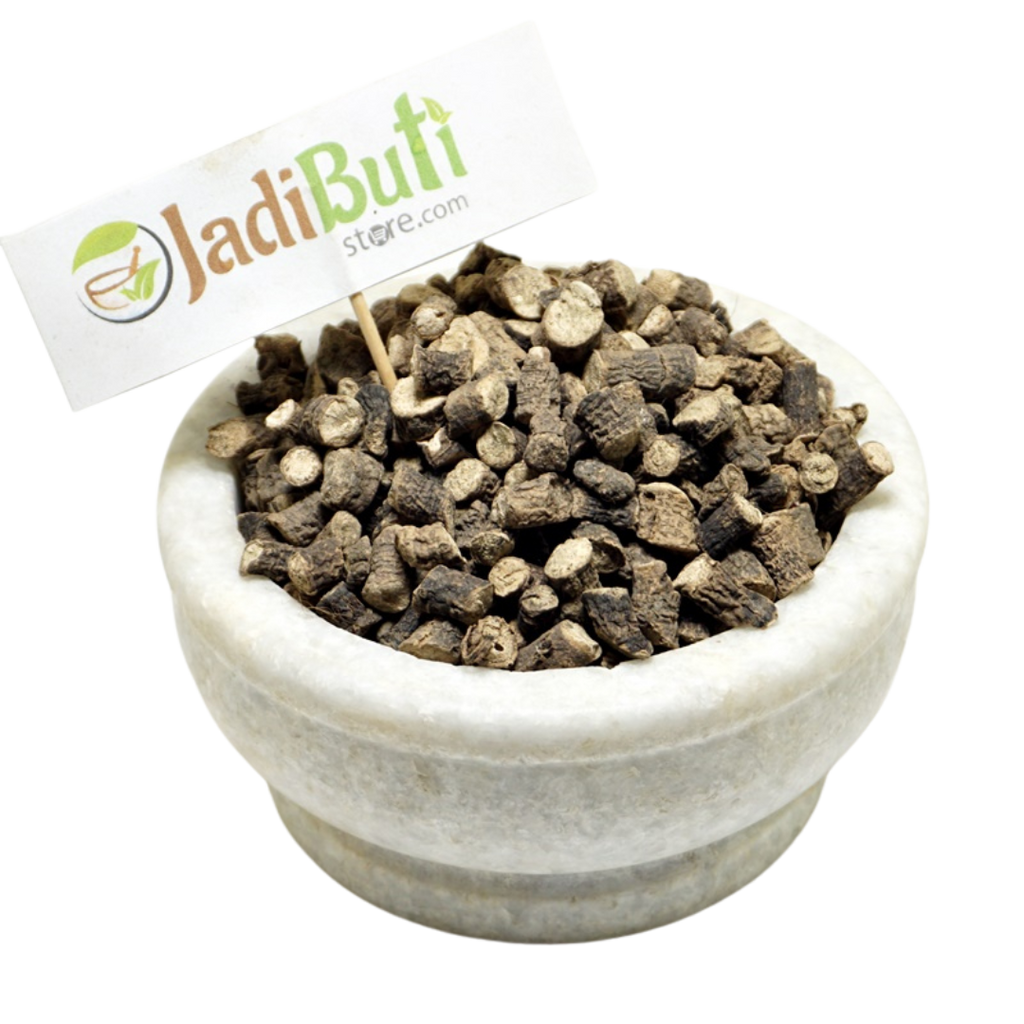 Kali Musli dark-brown cut rhizome pieces with pale cut surfaces in a stone bowl — Jadibuti Store