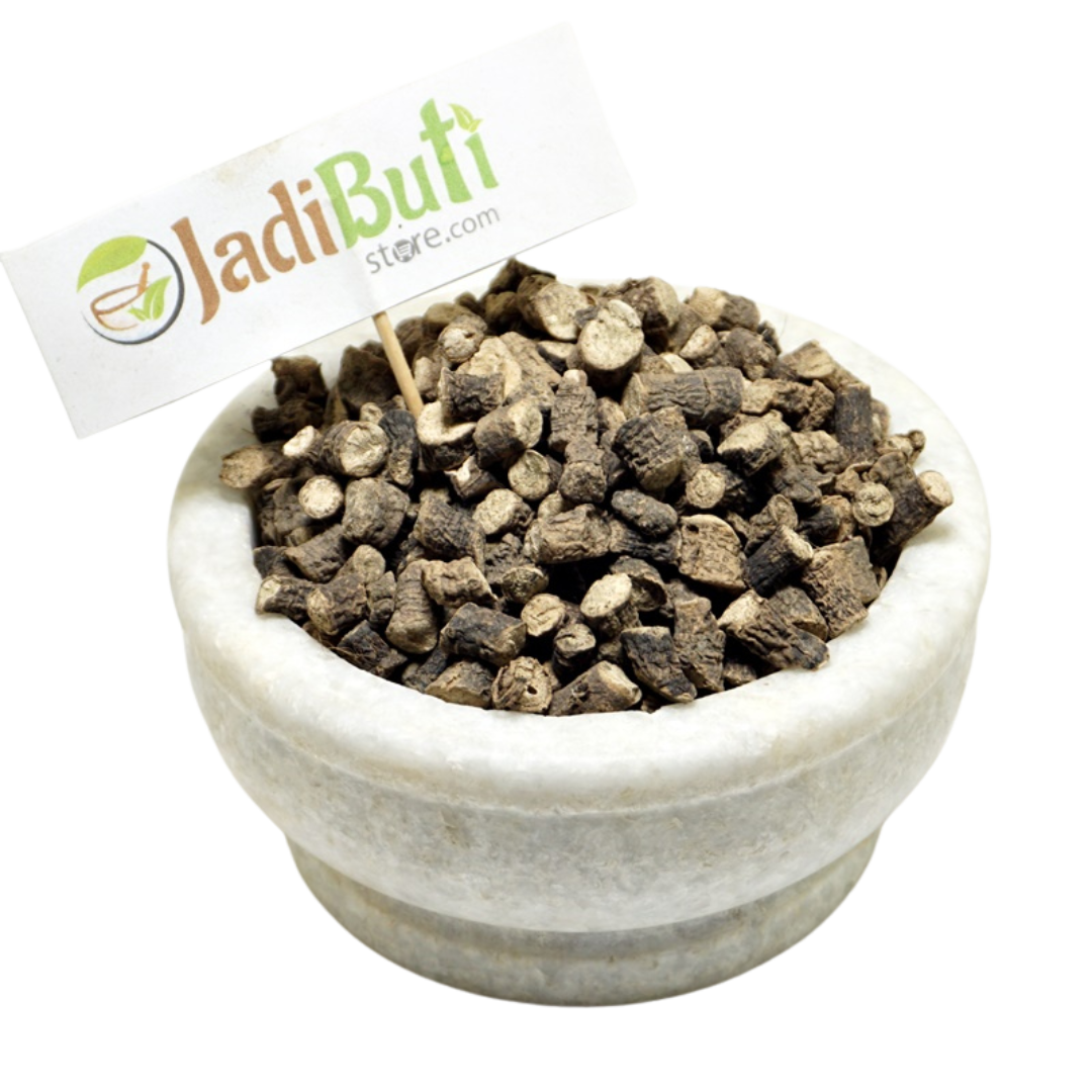 Kali Musli dark-brown cut rhizome pieces with pale cut surfaces in a stone bowl — Jadibuti Store