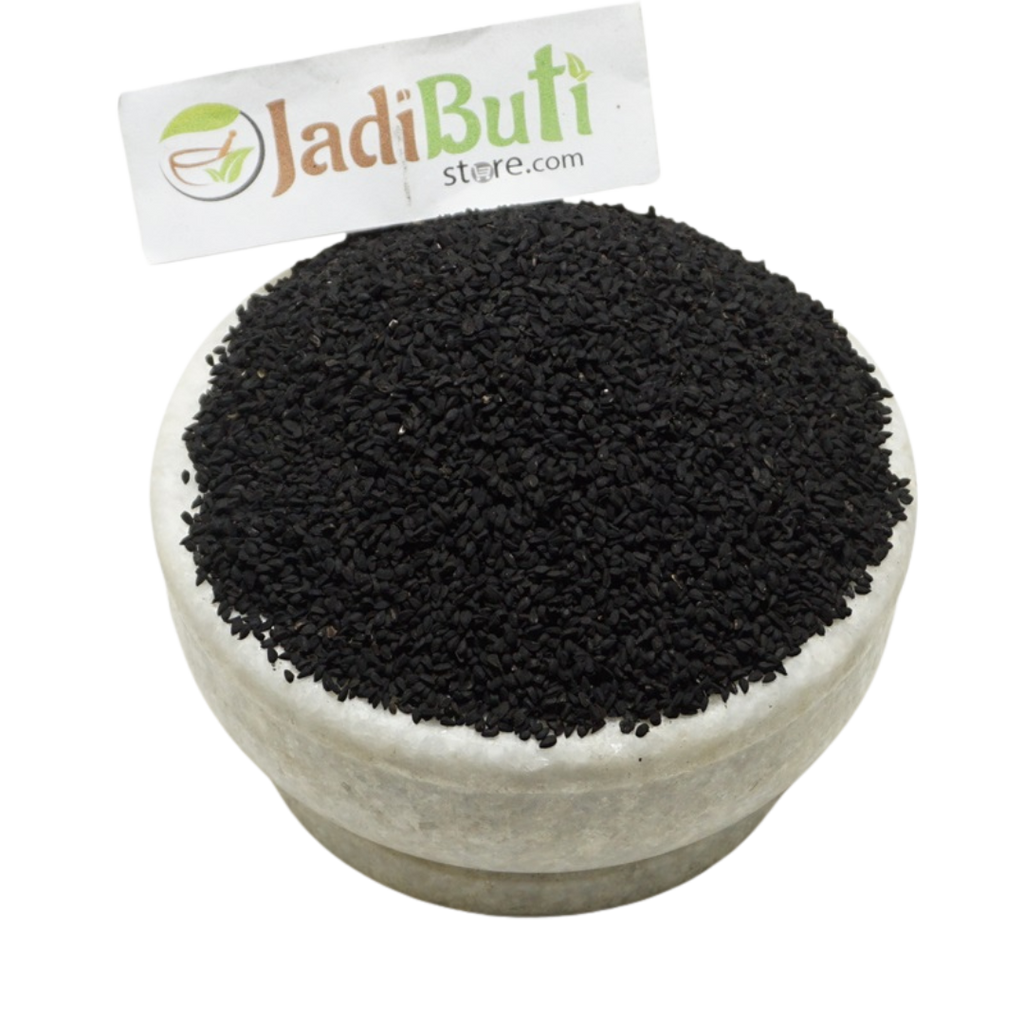 Kalonji whole black Nigella seeds in a stone bowl — Jadibuti Store