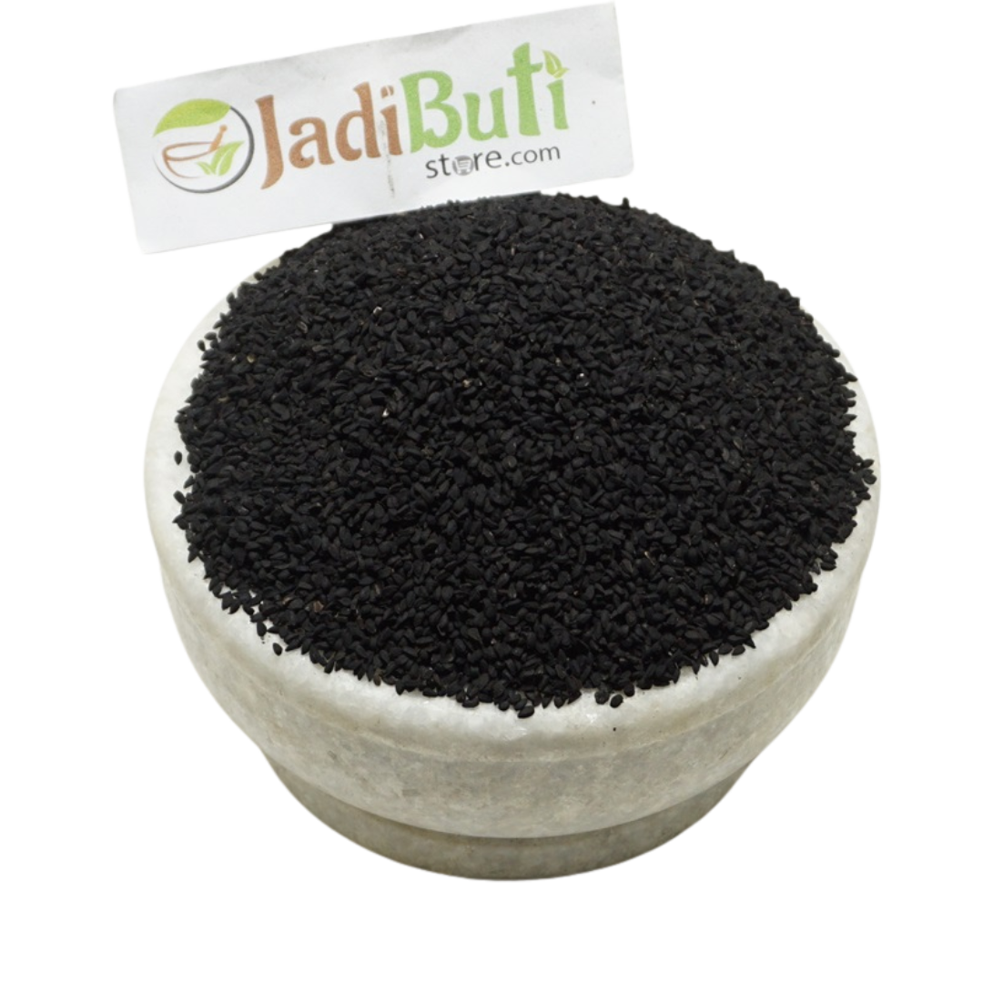 Kalonji whole black Nigella seeds in a stone bowl — Jadibuti Store