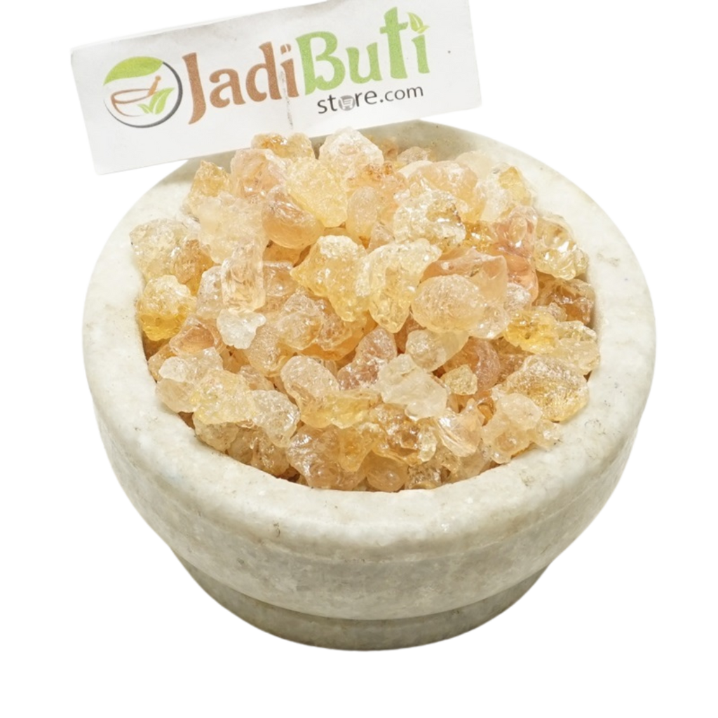 Kikar Gond pale amber gum pieces in a stone bowl — Jadibuti Store