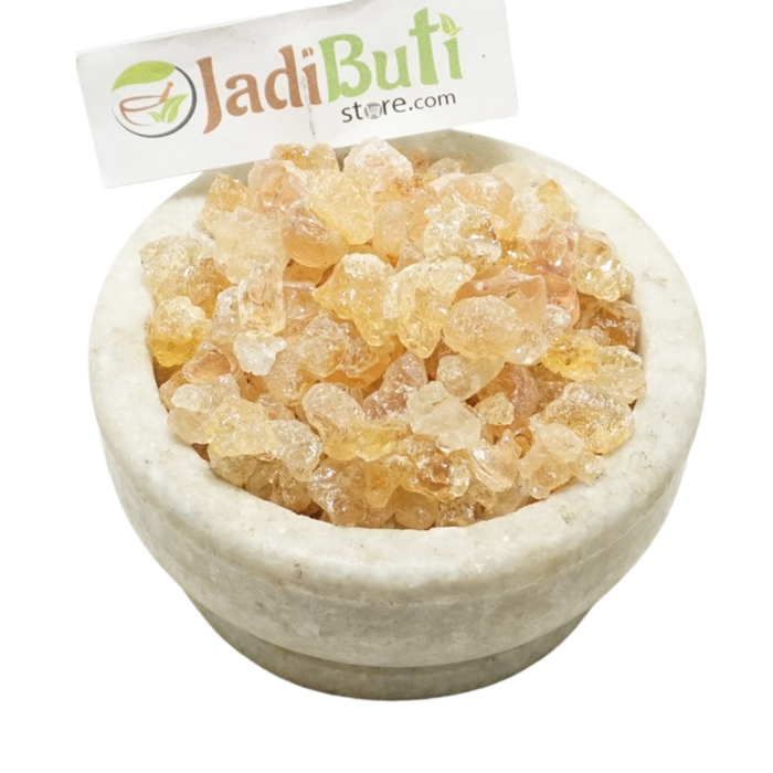 Kikar Gond pale amber gum pieces in a stone bowl — Jadibuti Store