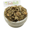 Dried Mehndi Patta henna leaves in a bowl with a Jadibuti Store card