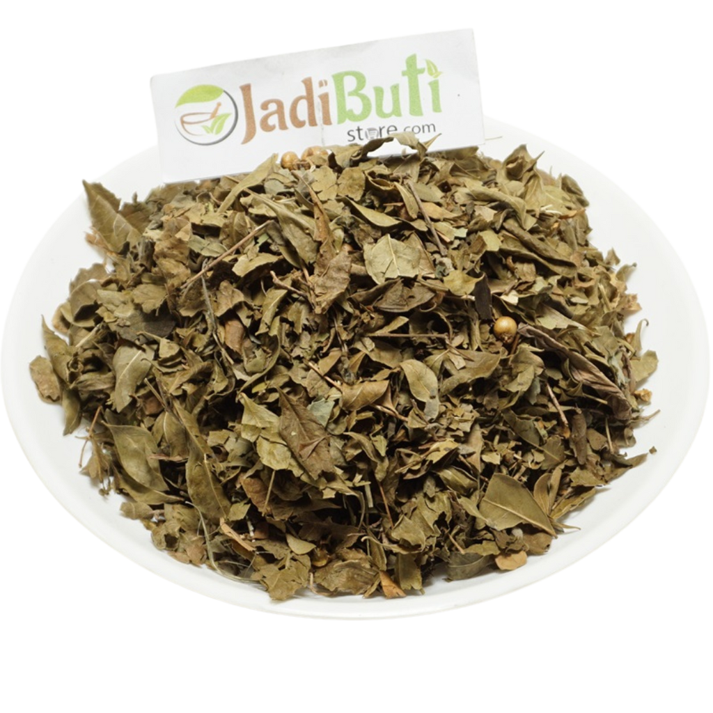 Dried Mehndi Patta henna leaves on a plate with a Jadibuti Store card