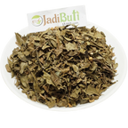 Dried Mehndi Patta henna leaves on a plate with a Jadibuti Store card