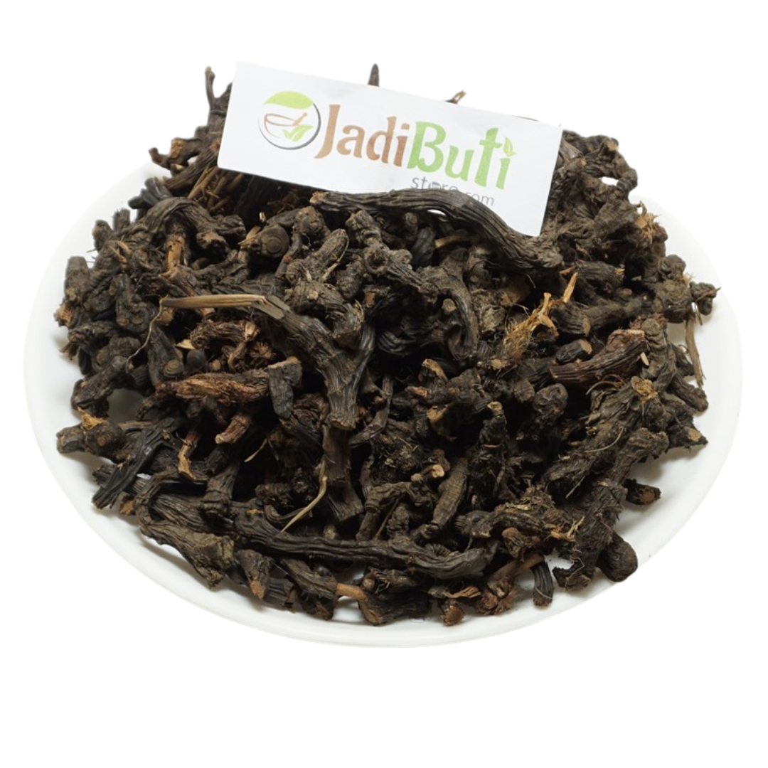 Nagarmotha dark brown dried rhizome material on a white plate — Jadibuti Store