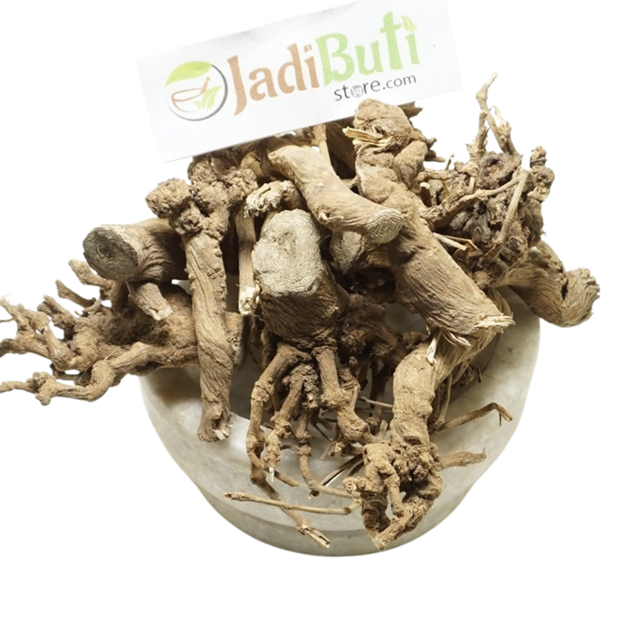 Punarnava beige-brown cut and branching dried root pieces in a stone bowl — Jadibuti Store