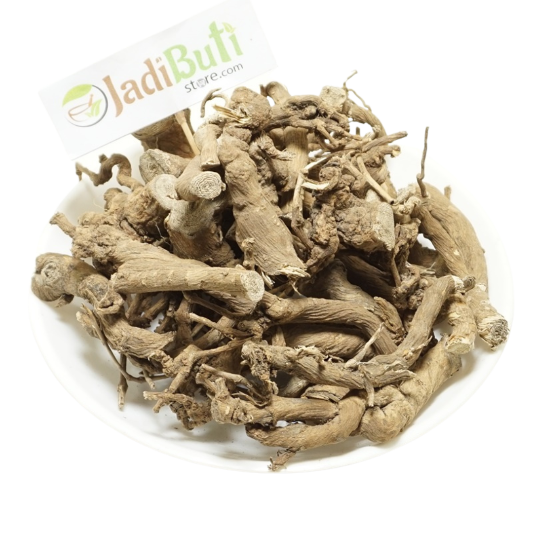Punarnava dried root pieces on a white plate — Jadibuti Store