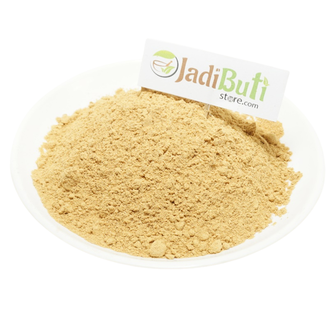 Safed Chandan pale yellow-beige powder on a white plate — Jadibuti Store