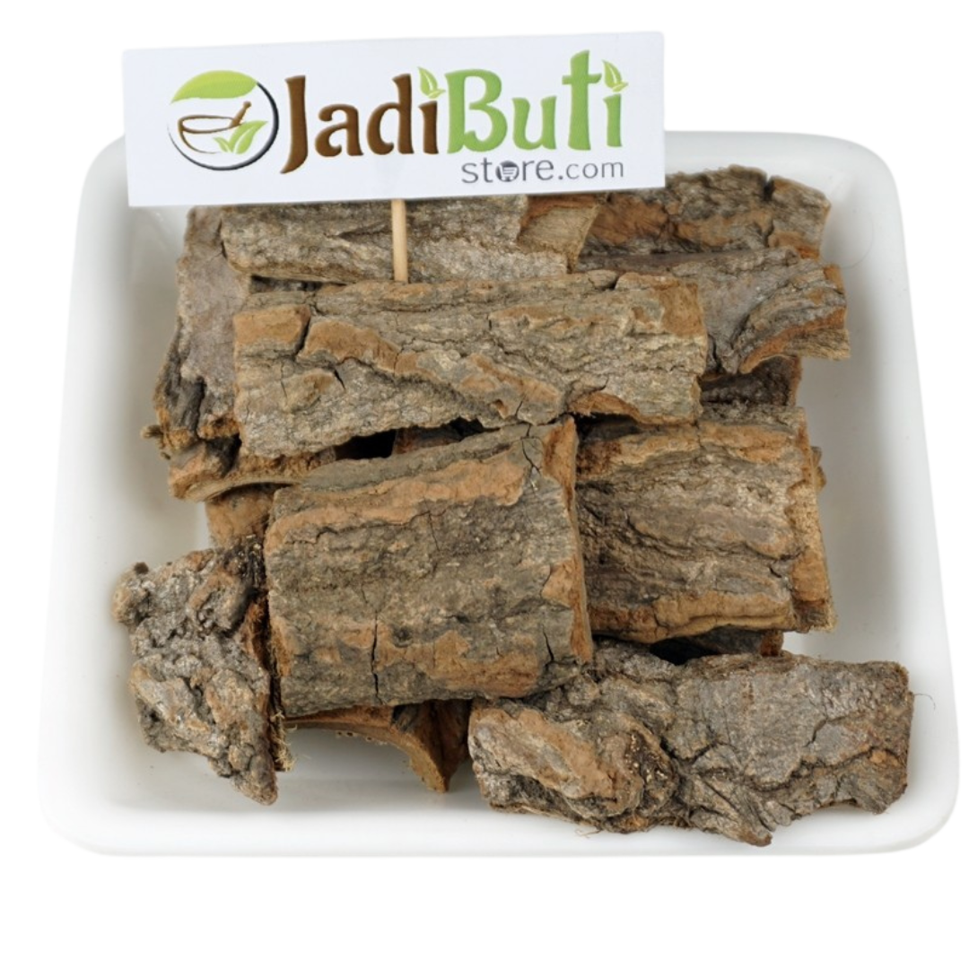 Sahjan Chhal brown bark pieces on a white rectangular plate — Jadibuti Store