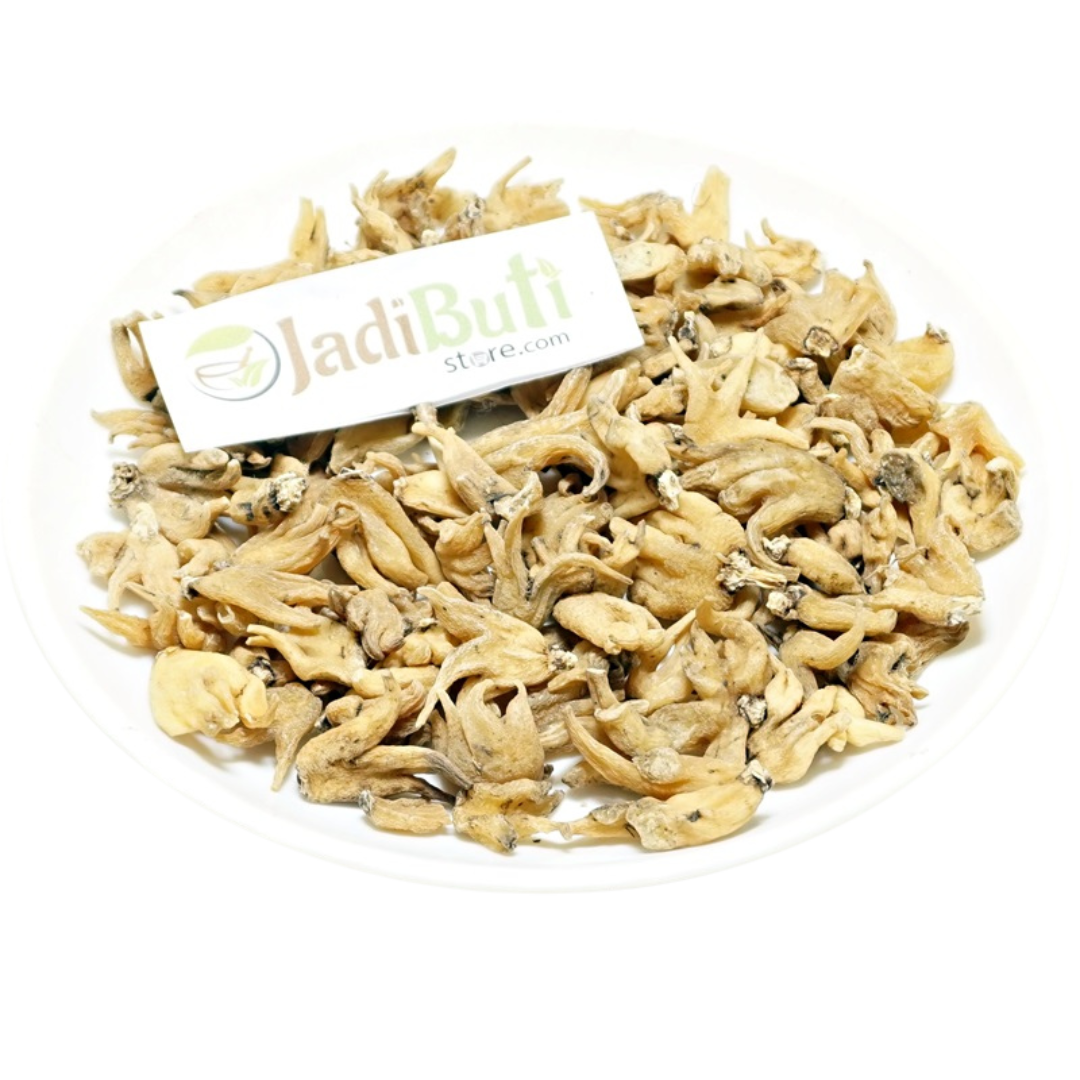Salab Panja tan dried branched pieces on a white plate — Jadibuti Store