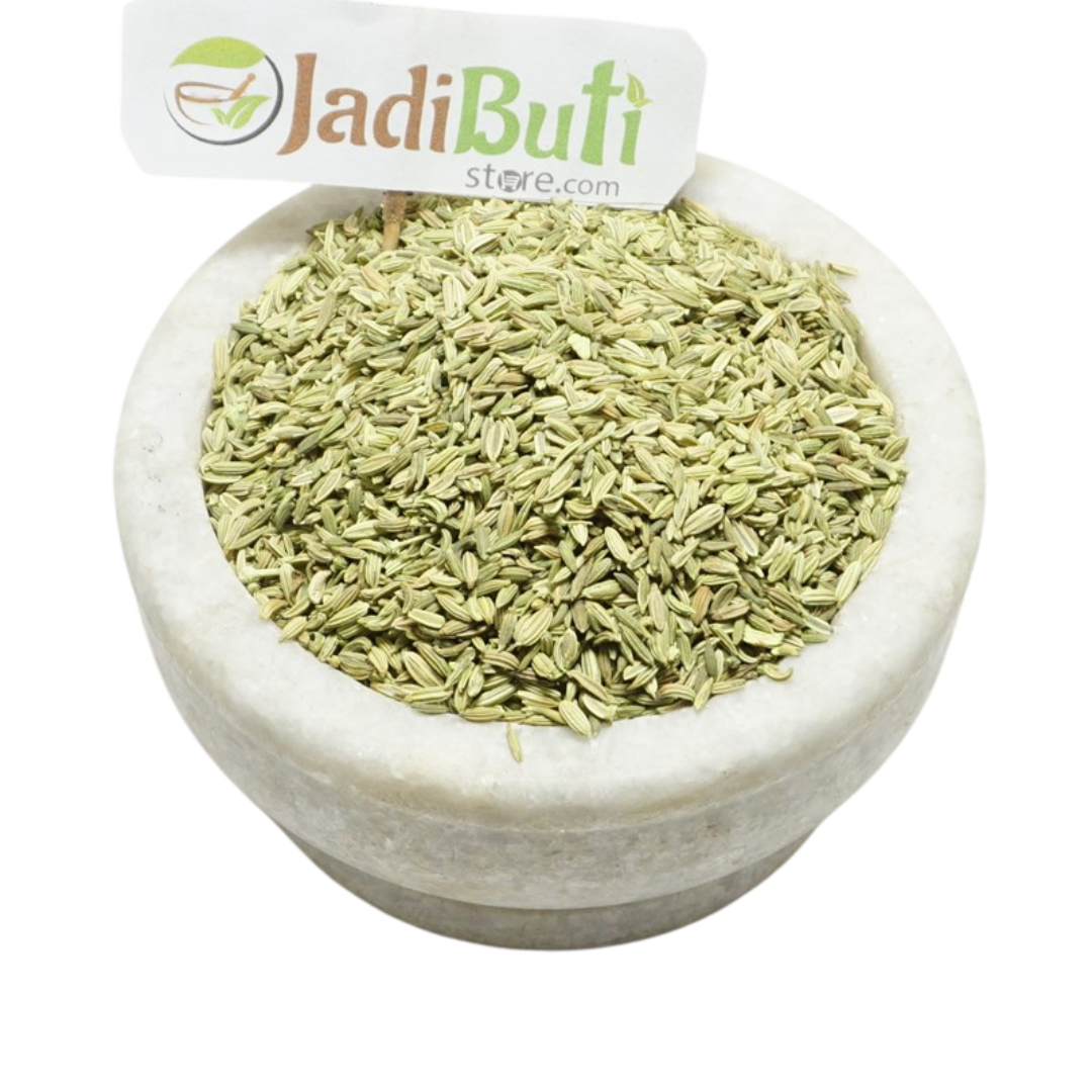 Saunf pale-green fennel seed material in a stone bowl with Jadibuti Store card