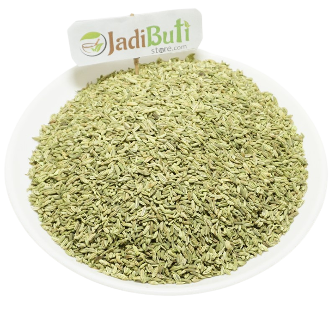 Saunf pale-green fennel seed material on a white plate with Jadibuti Store card