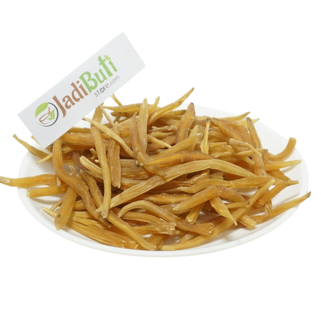 Shatavari dried root pieces on a plate - Jadibuti Store