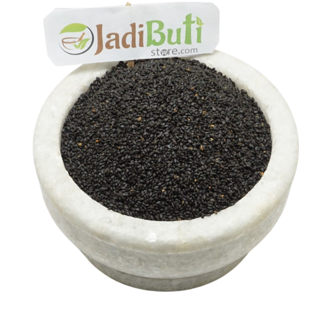 Mota Tukmaria Sabja dark seeds in a stone bowl — Jadibuti Store