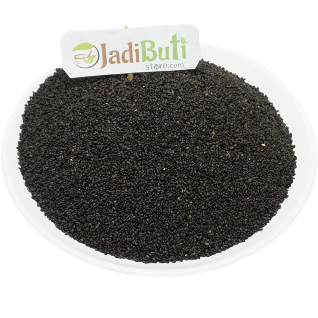Mota Tukmaria Sabja dark seeds on a white plate — Jadibuti Store