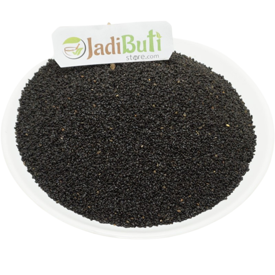 Mota Tukmaria Sabja dark seeds on a white plate — Jadibuti Store