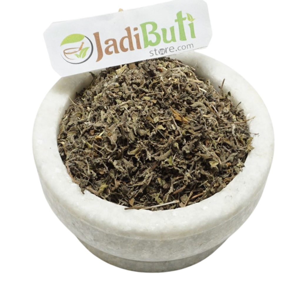 Tulsi Patta dried leafy material with stem fragments in a stone bowl — Jadibuti Store