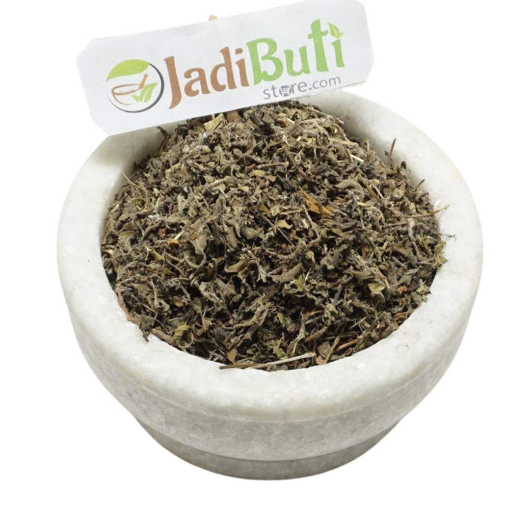 Tulsi Patta dried leafy material with stem fragments in a stone bowl — Jadibuti Store