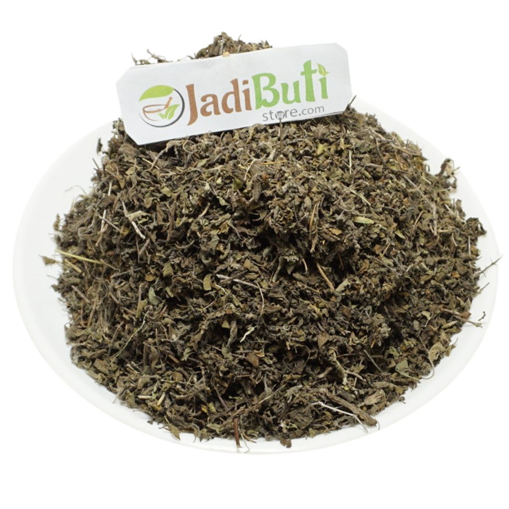 Tulsi Patta dried leaf and stem fragments on a white plate — Jadibuti Store